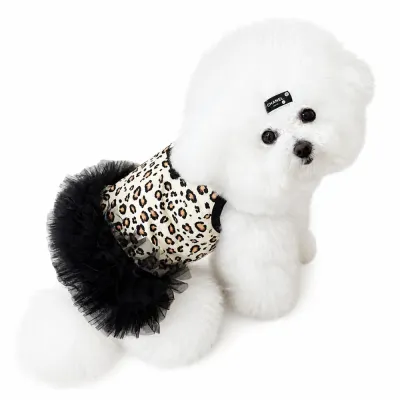 Leopard Print Dog Tutu Dress for Small Dogs White bichon dog wearing leopard print tutu suspender dress for small dogs with black mesh skirt