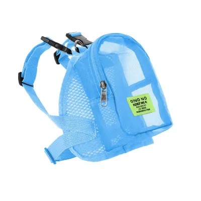 A blue mesh backpack harness for small dogs featuring adjustable straps and a secure quick-release buckle on a white background.