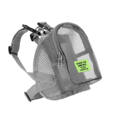 A grey mesh puppy harness backpack featuring double adjustable straps and a secure alloy leash attachment ring.