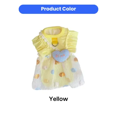 Yellow polyester bubble pet dress with lace ruffle design and colorful polka dot skirt for small pets