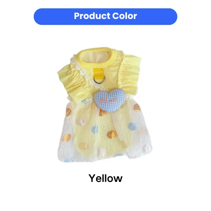 Yellow polyester bubble pet dress with lace ruffle design and colorful polka dot skirt for small pets