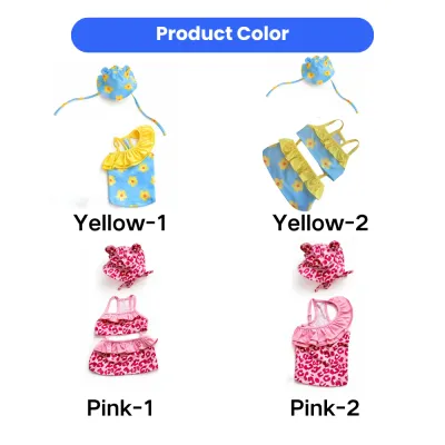 Wholesale Dog Bikini Swimsuit Set Colors | Petfairs Blue floral and pink leopard print dog swimsuit bikini sets with matching pet hats in multiple styles