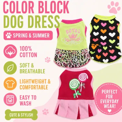 Color Block Cotton Dog Dress Wholesale | Cute Summer Pet Apparel Color block dog dresses made of soft cotton fabric for small dogs and puppies