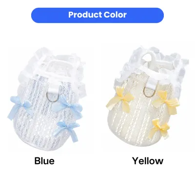 Lace Ruffle Dog Vest Color Options Blue Yellow Blue and yellow lace ruffle dog vests with bow accents and D-ring leash attachment