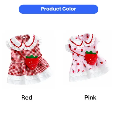 Wholesale Strawberry Dog Dresses in Red and Pink | Petfairs Red and pink strawberry print dog dresses with lace trim and mini strawberry bag for small pets