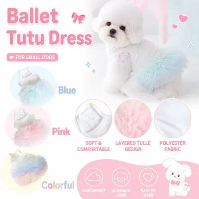 Cute Ballet Tutu Dress for Small Dogs | Petfairs Small white dog wearing a blue ballet tutu dress with layered tulle skirt and soft polyester fabric