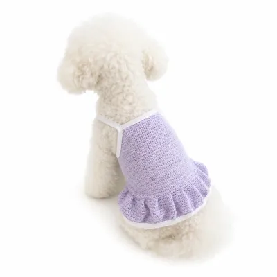 Small dog wearing purple mesh cooling suspender dress with breathable ruffle design for summer