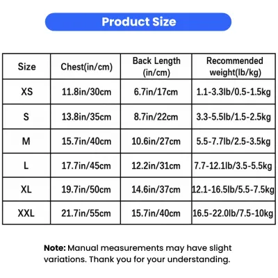 Pet Vest Size Chart for Cats and Small Dogs | Petfairs Size chart for pet vest and skirt clothing with chest, back length and weight guide