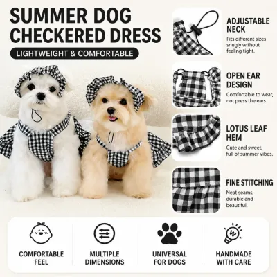 Summer Checkered Dog Dress for Small Dogs | Lightweight Pet Apparel | Petfairs Two small dogs wearing black checkered summer dresses with matching hats indoors