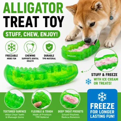 Alligator Treat Toy for Dogs | Freezable Dog Chew Toy Wholesale | Petfairs Green alligator-shaped freezable dog treat toy with ice cream filling and dental chew features for dogs