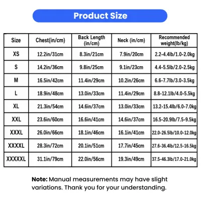Strawberry Pet Dress Size Chart for Small and Medium Dogs Size chart for strawberry print dog dress including chest, back length, neck size, and recommended weight