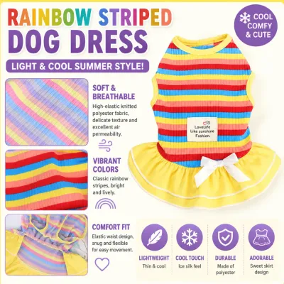 Breathable Rainbow Striped Summer Dog Dress Details | Petfairs Rainbow striped dog dress with breathable polyester fabric, lightweight design, and cooling summer features