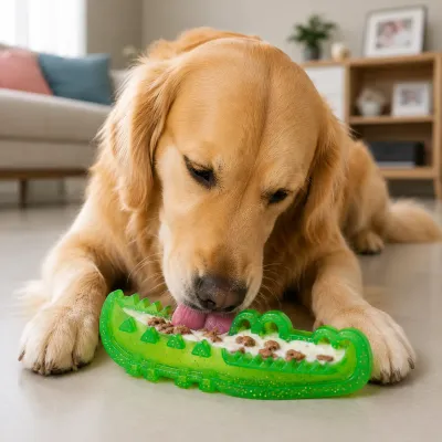 Wholesale Frozen Dog Lick Toy for Anxiety Relief & Dental Care | Petfairs Golden retriever licking a green alligator-shaped frozen treat dog toy filled with yogurt and snacks indoors