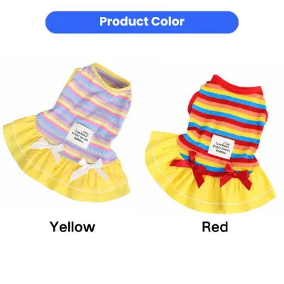 Rainbow Striped Dog Dress Color Options Wholesale | Petfairs Two rainbow striped dog dresses in yellow and red color options for small dogs and cats