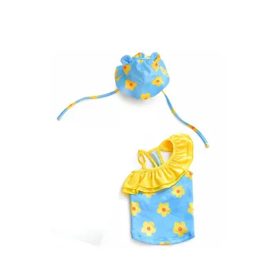 Blue Floral One Shoulder Dog Swimsuit Set | Petfairs Blue floral one shoulder dog swimsuit with yellow ruffle and matching pet sun hat