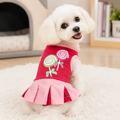 Red Lollipop Dog Dress for Small Dogs | Petfairs White small dog wearing Red lollipop print dog dress indoors