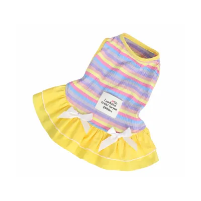 Pastel Rainbow Striped Dog Dress Wholesale | Petfairs Pastel rainbow striped pet dress with yellow skirt and white bow accents for small dogs