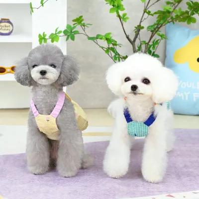 Gingham Dog Suspender Dress for Small Dogs | Petfairs Small dogs wearing cute gingham suspender dresses in yellow and green colors for spring and summer