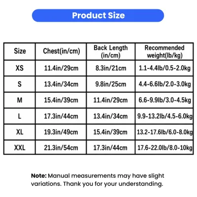 Size chart for floral denim dog dress with chest and back length measurements for small pets
