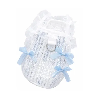 Blue Bow Lace Dog Vest Product Display Blue lace dog vest with mesh fabric, ruffle collar and decorative bows isolated on white background