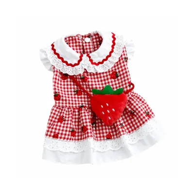 Red Strawberry Plaid Dog Dress with Mini Bag | Petfairs Red plaid strawberry print dog dress with lace hem and plush strawberry mini bag