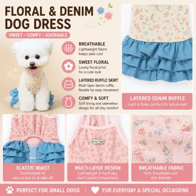 Floral and denim layered ruffle pet dress with breathable fabric for small dogs