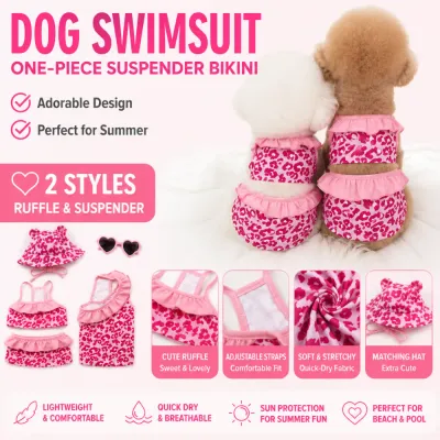 Leopard Print Dog Swimsuit Bikini Set | Summer Pet Clothes Pink leopard print dog bikini swimsuit with ruffle details and matching hat for small dogs