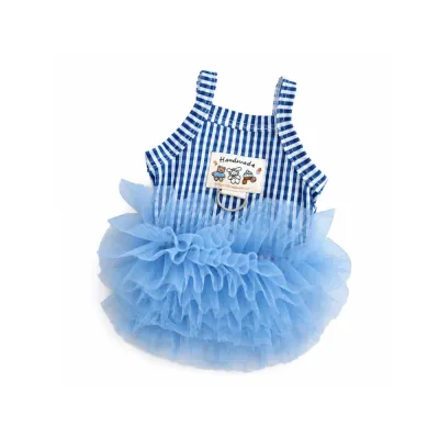 Blue Plaid Tulle Dog Dress Product Photo | Petfairs Wholesale Blue plaid pet dress with fluffy mesh tutu skirt isolated on white background