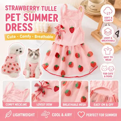 Strawberry tulle pet summer dress breathable lightweight design for cats and dogs