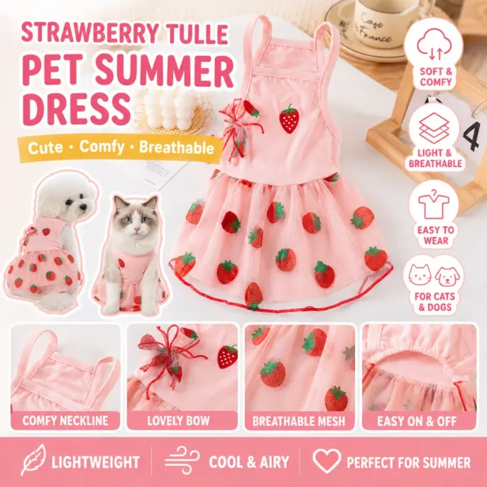Strawberry tulle pet summer dress breathable lightweight design for cats and dogs