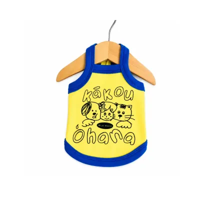 Cartoon Print Dog Vest Wholesale | Summer Pet Tank Top Yellow cartoon print pet vest with blue trim hanging on wooden hanger