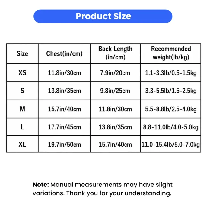 Size chart for strawberry pet summer dress for cats and small dogs
