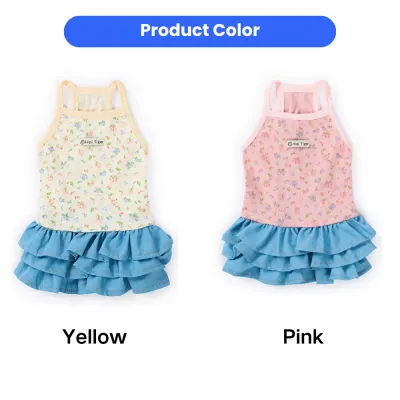 Floral denim pet dresses in yellow and pink colors for cats and small dogs