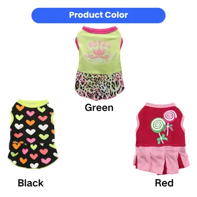 Wholesale Color Block Dog Dresses Collection | Petfairs Assorted colorful dog dresses including leopard print, heart print and candy pattern styles