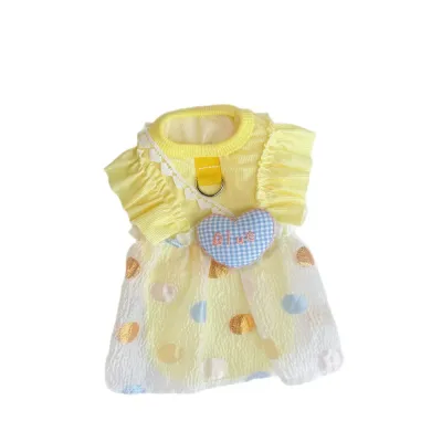 Yellow bubble dress for cats and dogs with lace trim colorful dots and breathable polyester material