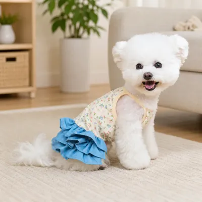 Small dog wearing floral denim ruffle dress in a cozy indoor living room
