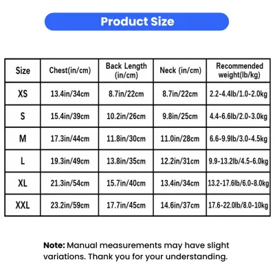 Rainbow Striped Dog Dress Size Chart for Small Pets | Petfairs Size chart for rainbow striped dog dress with chest, neck, back length, and recommended pet weight measurements