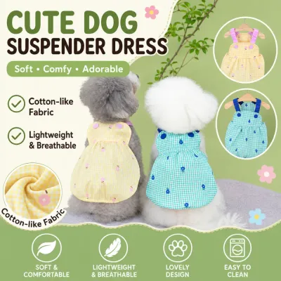Cute Dog Suspender Dress Lightweight Pet Apparel | Petfairs Cute gingham dog suspender dresses with breathable cotton-like fabric for small dogs