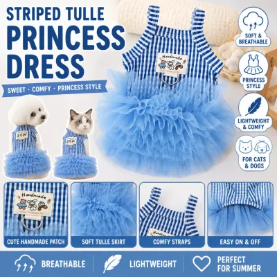 Striped Tulle Princess Dog Dress Wholesale | Summer Pet Apparel Blue striped tulle princess dress for dogs and cats with breathable lightweight fabric and soft mesh skirt