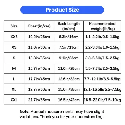 Pet Princess Dress Size Chart for Small Dogs and Cats Size chart for blue striped tulle pet dress with chest, back length and recommended weight measurements