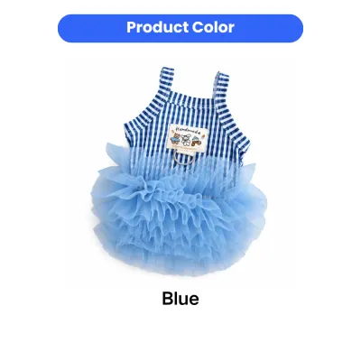 Wholesale Blue Plaid Pet Princess Dress with Tulle Skirt | Petfairs Blue plaid pet dress with soft layered tulle skirt and leash ring for cats and small dogs