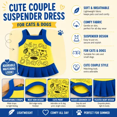 Cute Couple Suspender Dress for Cats & Dogs | Wholesale Pet Apparel Yellow and blue suspender pet dress with breathable fabric and pleated skirt design