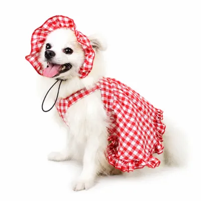 Plaid Dog Dress with Matching Hat for Small Dogs | Summer Pet Outfit | Petfairs Small dog wearing a red plaid summer dress with matching bonnet hat for cats and puppies