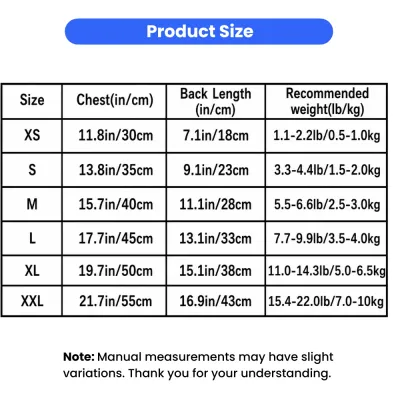 Size chart for mesh cooling pet suspender dress for cats and small dogs with chest and back length measurements