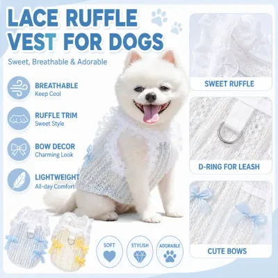 Breathable Lace Ruffle Vest for Dogs Wholesale Breathable lace dog vest with ruffle trim, bow decor and lightweight design for pets