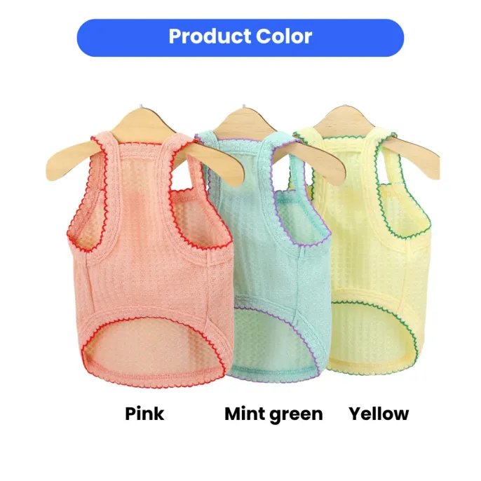 Multi-Color Floral Pet Summer Tank Tops A collection of pink, mint green, and yellow mesh dog tank tops on wooden hangers against a green background.