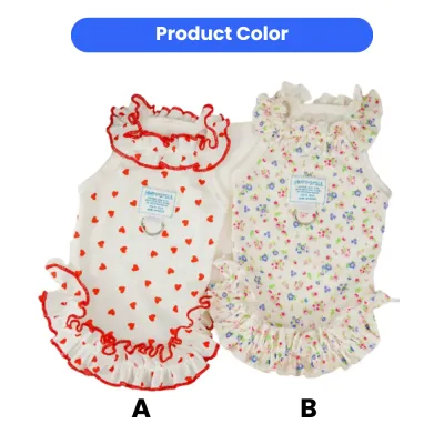 floral-and-heart-print-dog-dresses-color-options Two ruffled pet dresses side-by-side: Option A features a red heart pattern on white, and Option B features a multicolor floral print.