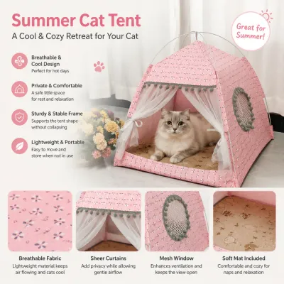 An infographic highlighting features of the cat tent: breathable fabric, sheer curtains, mesh window, and included soft mat.