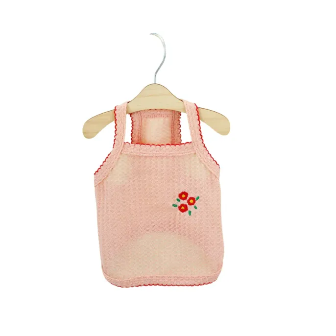 Pink Mesh Dog Tank Top with Rose Embroidery Pink sleeveless mesh dog shirt featuring a red flower embroidery and delicate scalloped red trim.