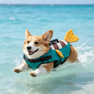 corgi-swimming-clownfish-life-jacket-beach A Corgi dog swimming in clear blue ocean water wearing a teal and orange clownfish-style life jacket with a tail fin.